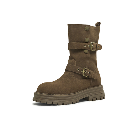 天美意2025冬新款复古厚底英伦风西部靴堆堆靴女骑士靴KXZ09DS5