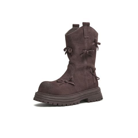 天美意2025冬新款西部靴蝴蝶结堆堆靴厚底复古女骑士靴KXZ10DS5