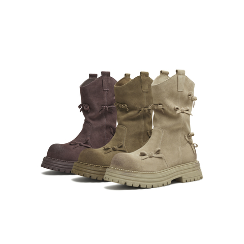 天美意2025冬新款西部靴蝴蝶结堆堆靴厚底复古女骑士靴KXZ10DS5