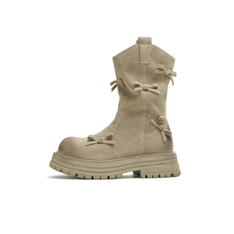 天美意2025冬新款西部靴蝴蝶结堆堆靴厚底复古女骑士靴KXZ10DS5