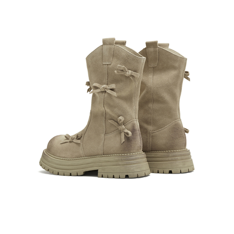 天美意2025冬新款西部靴蝴蝶结堆堆靴厚底复古女骑士靴KXZ10DS5