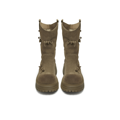 天美意2025冬新款西部靴蝴蝶结堆堆靴厚底复古女骑士靴KXZ10DS5