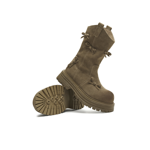 天美意2025冬新款西部靴蝴蝶结堆堆靴厚底复古女骑士靴KXZ10DS5